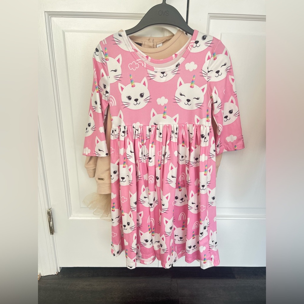 Girls Pink Cat Unicorn Print Casual Dress